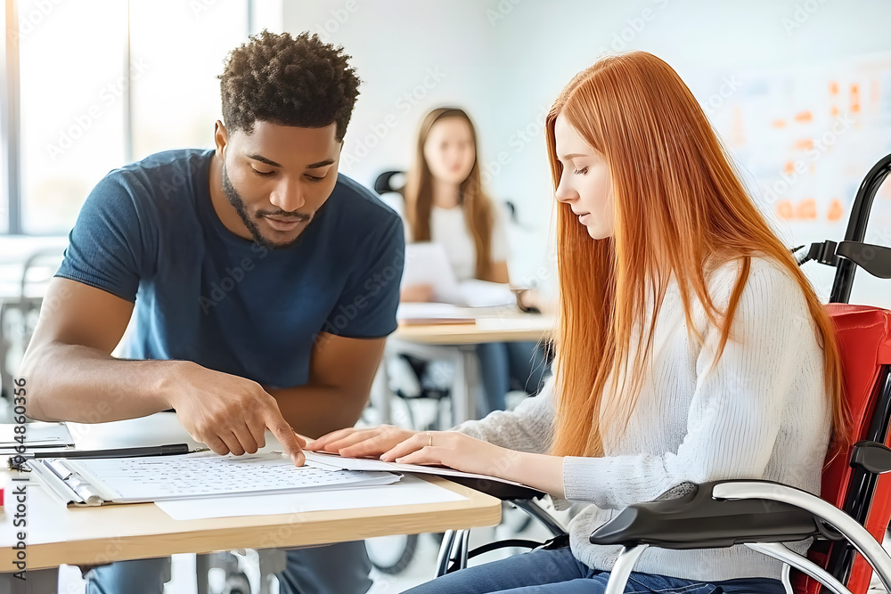 Fototapeta premium Teacher teaches student in wheelchair