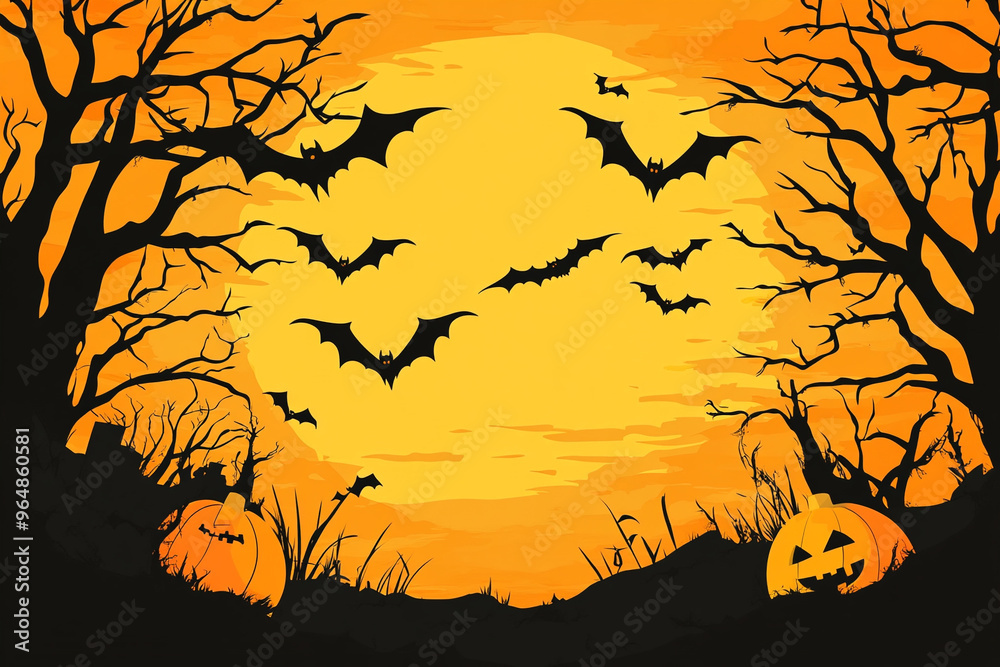 Halloween-Themed Party Invitation with Bats and Pumpkins for a Spooky Celebration Halloween-Themed Party Invitation with Bats and Pumpkins for a Spooky Celebration