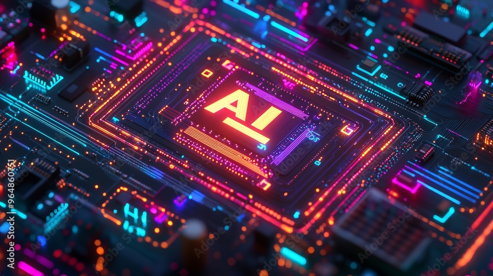 The picture shows a circuit board with colorful glowing tracks. These tracks connect to a central processing unit, and the letters The picture shows a circuit board with colorful glowing tracks. These tracks connect to a central processing unit, and the letters
