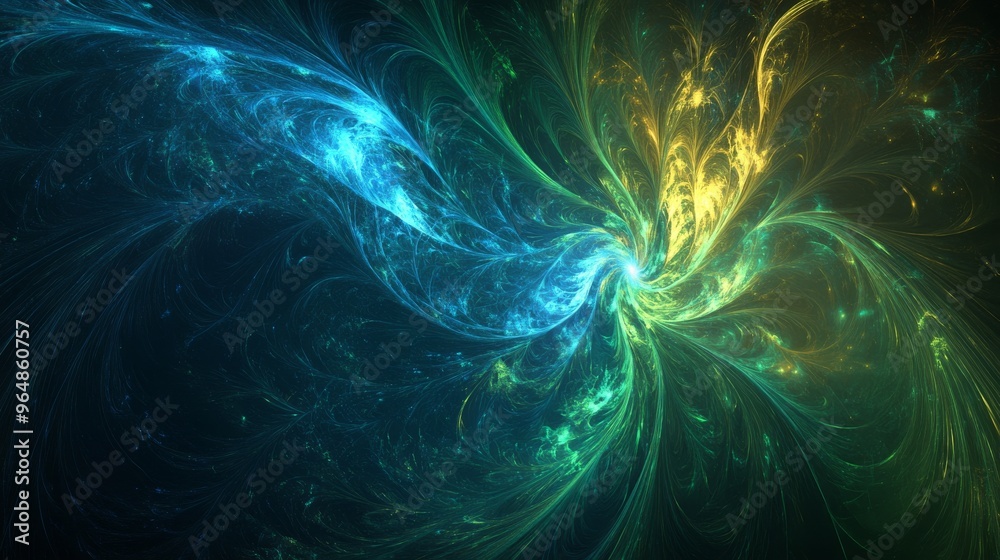 A fractal explosion star is featured on a background of blue and green with glossy lines. Beautiful artwork