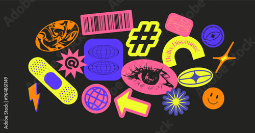 Futuristic y2k patches, labels, tags, stickers, bracelet stamps in retro style. Cartoon stickers in funky hipster groovy grunge 90s style. Vector set, trendy promo labels