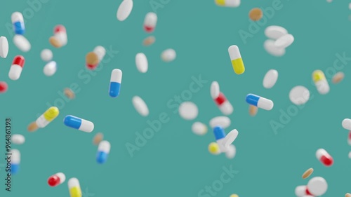 Assorted pills falling. Seamless looping. 3D animation.