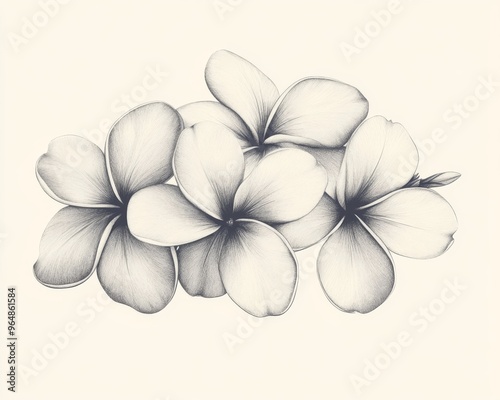 In a vintage drawing style, Bouvardia is illustrated with layered petals and oppositely arranged leaves