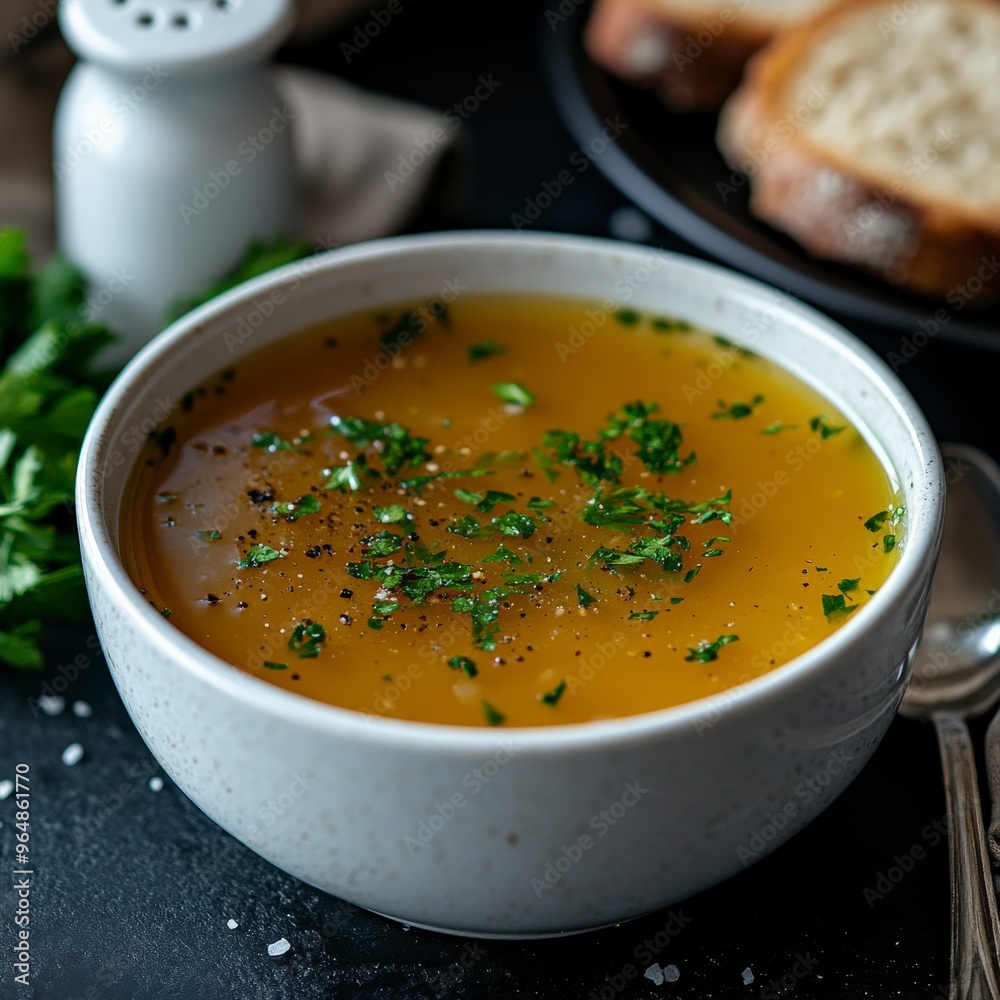 Steaming Chicken Broth with Fresh Parsley on Rustic Table Steaming Chicken Broth with Fresh Parsley on Rustic Table