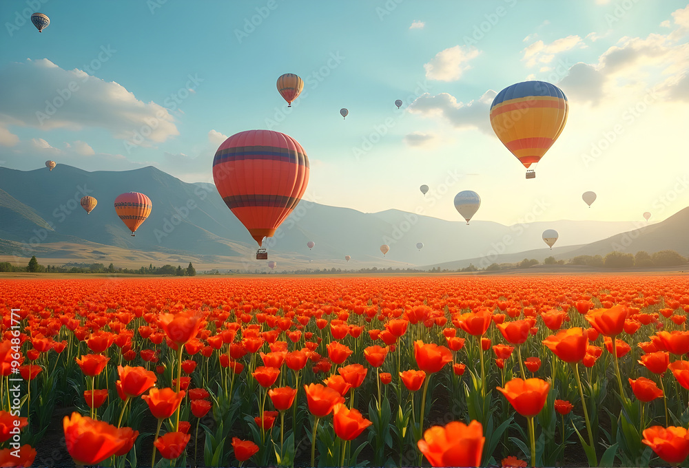 Fototapeta premium Hot air balloon in a field of orange flowers