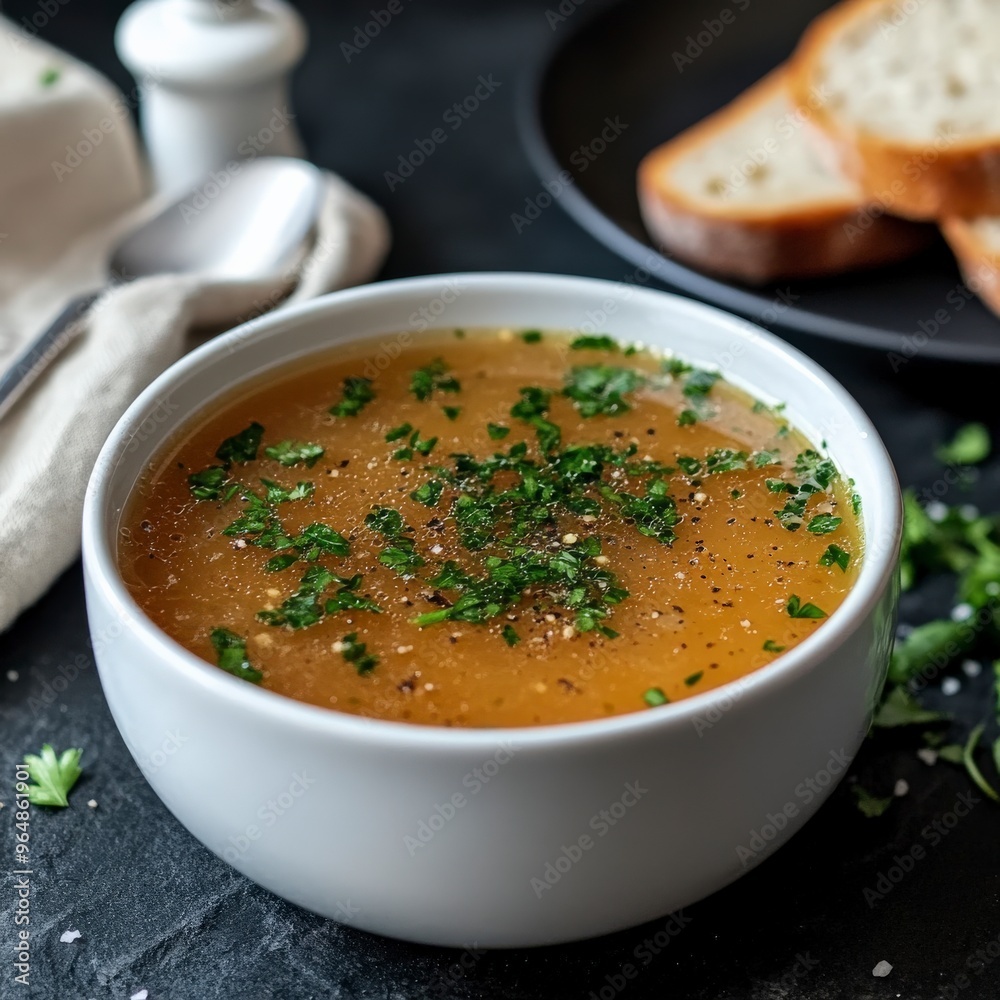 Steaming Chicken Broth with Fresh Parsley on Rustic Table Steaming Chicken Broth with Fresh Parsley on Rustic Table