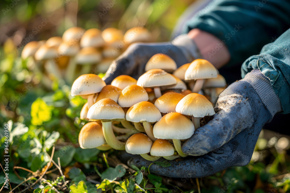 Person hand harvesting psychedelic psilocybin mushrooms homemade or laboratory. Person hand harvesting psychedelic psilocybin mushrooms homemade or laboratory.
