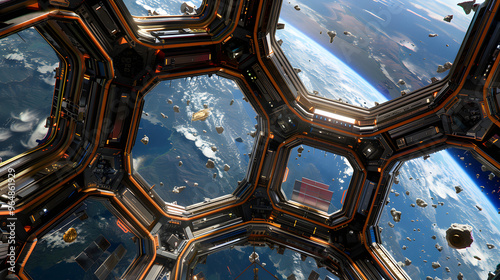 Fototapeta Naklejka Na Ścianę i Meble -  Space station recycling unit. Astronauts converting space junk into useful resources and with Earth visible through a window. 