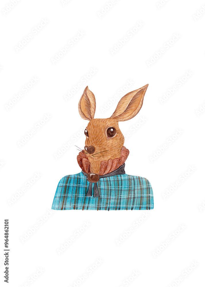 Fototapeta premium Beige bunny in suit. Animal character. Hand drawn close up portrait. Fashion postcard. Isolated watercolor illustration