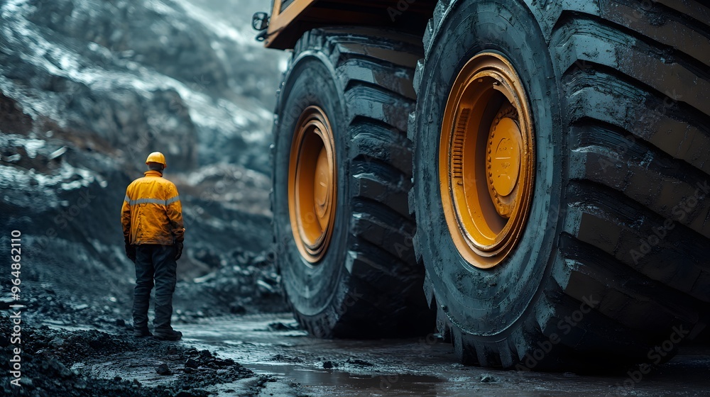 A close-up view of the enormous tires of a giant mining truck, showing the heavy tread and size comparison with a worker standing nearby. A close-up view of the enormous tires of a giant mining truck, showing the heavy tread and size comparison with a worker standing nearby.
