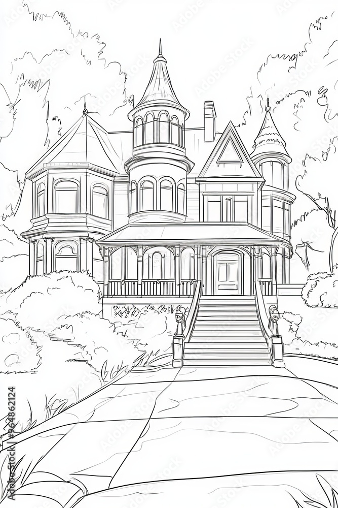 Fototapeta premium An illustration depicting the exterior of an American style house in line art