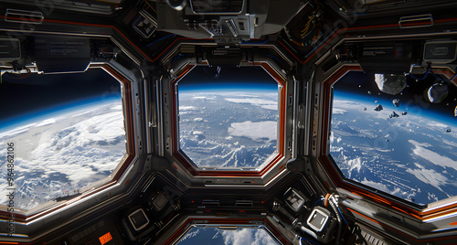 Fototapeta Naklejka Na Ścianę i Meble -  Space station recycling unit. Astronauts converting space junk into useful resources and with Earth visible through a window. 