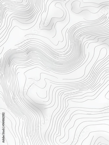 Featured is a line art illustration of a 3D topographic map featuring abstract representations of hills, valleys and mountains. A wavy backdrop highlights the geographic and cartographic aspects of