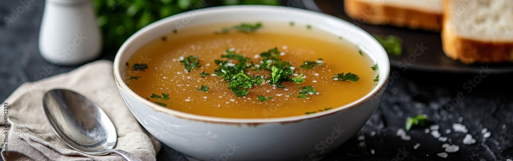 Steaming Chicken Broth with Fresh Parsley on Rustic Table Steaming Chicken Broth with Fresh Parsley on Rustic Table