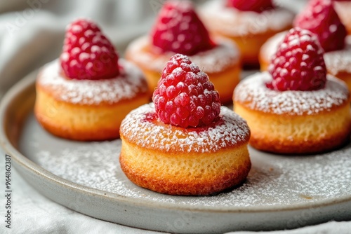  Small, delicate almond financiers topped with fresh raspberries, arranged on a ceramic tray