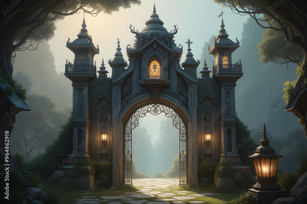 Mysterious Stone Gateway to a Fantasy Forest Path Mysterious Stone Gateway to a Fantasy Forest Path