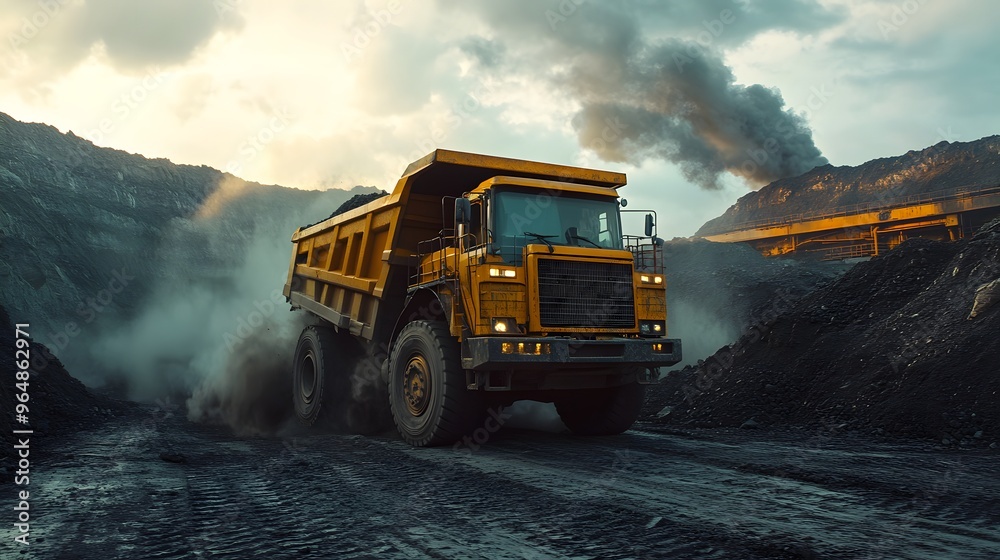A giant truck driving through a cloud of dust in a coal mine, with dark coal piles and conveyor belts in the background, creating a dynamic scene. A giant truck driving through a cloud of dust in a coal mine, with dark coal piles and conveyor belts in the background, creating a dynamic scene.