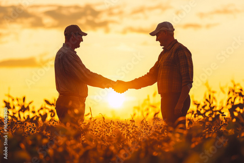 Two farmers shaking hands in soybean field. Silhouettes.