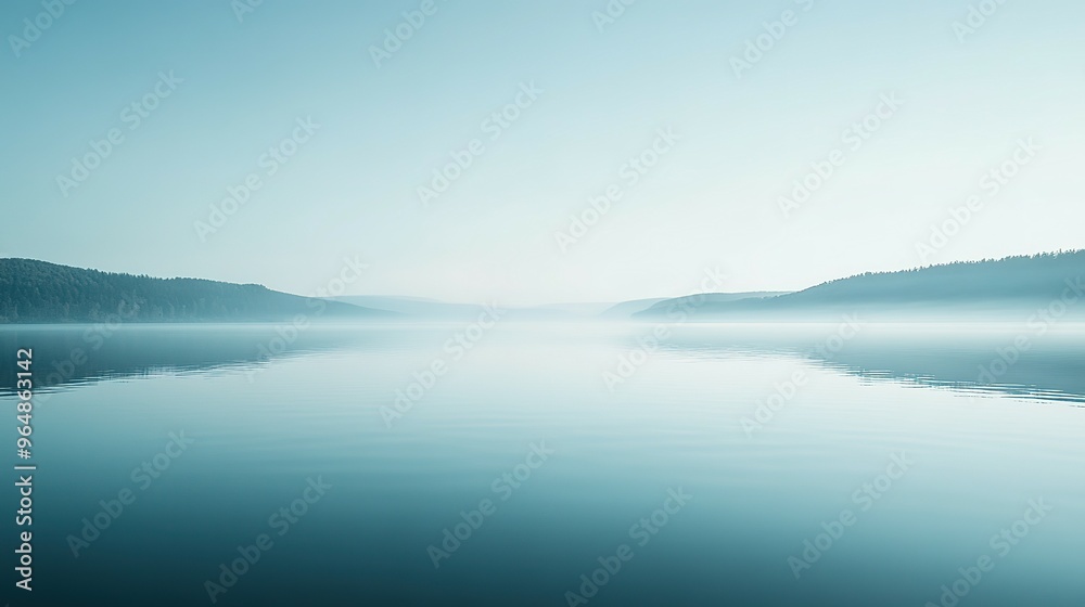 Fototapeta premium Misty Morning Landscape with Calm Water and Distant Forested Hills