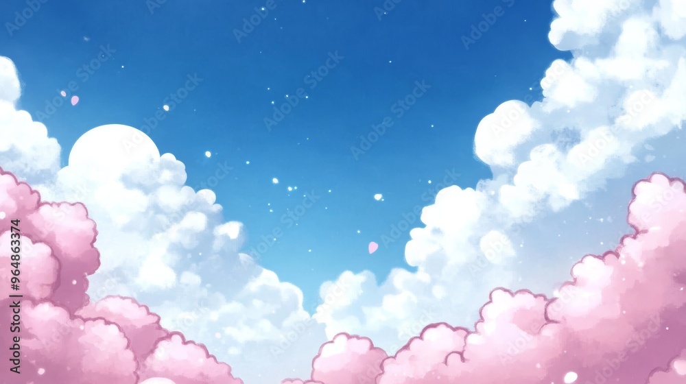 Serene blue sky with fluffy white clouds and pink cotton candy-like blossoms