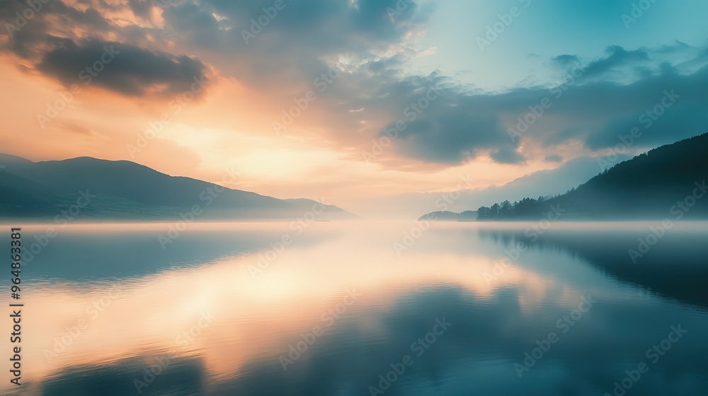Obraz premium Serene Sunset Over Foggy Lake and Mountains