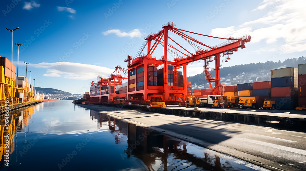 Fototapeta premium A red container with a yellow tag that says cranes on the side, container cargo freight ship, container cargo freight ship in port, container cargo freight ship with crane