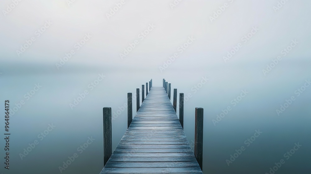 Obraz premium Wooden Dock Extending into Foggy Lake