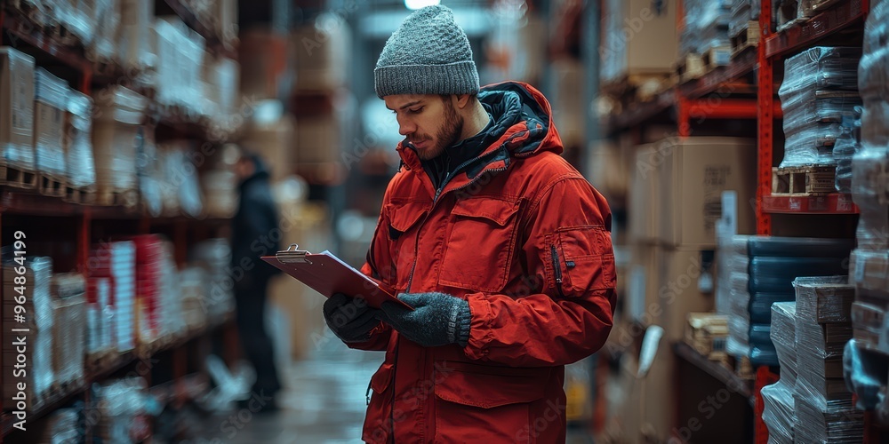 A warehouse worker with a tablet in hand taking notes, against a backdrop of a lighted warehouse A warehouse worker with a tablet in hand taking notes, against a backdrop of a lighted warehouse