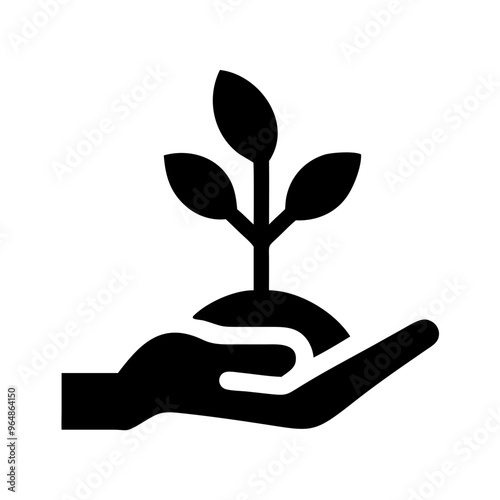 Hand holding a plant, black and white design representing care for nature and sustainability