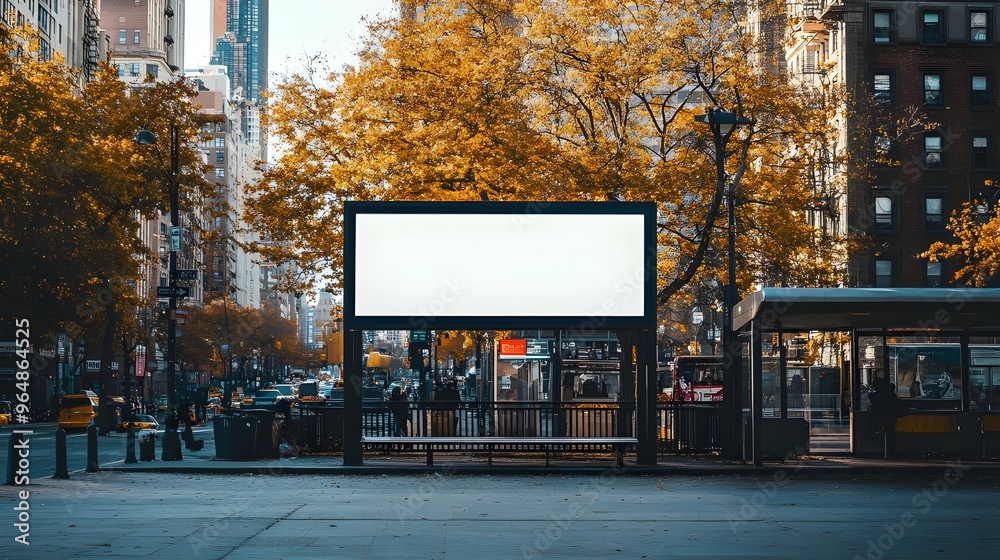 A stock photo featuring an empty billboard at a busy urban bus stop. A stock photo featuring an empty billboard at a busy urban bus stop.