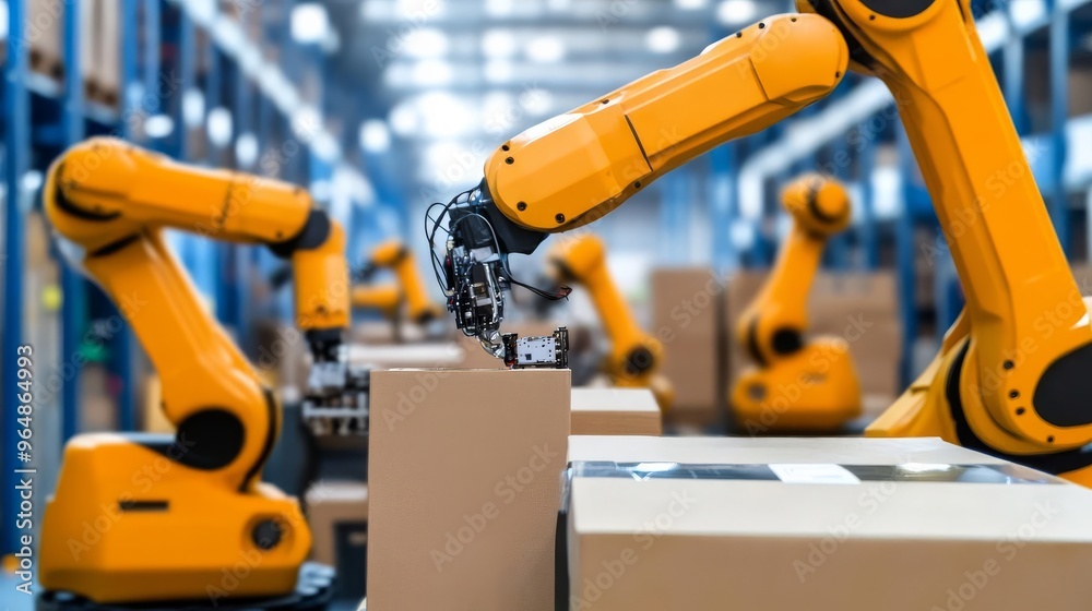 Smart logistics center with multiple robotic arms sorting and packing, high-efficiency warehousing Smart logistics center with multiple robotic arms sorting and packing, high-efficiency warehousing