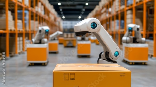 Smart logistics center with multiple robotic arms sorting and packing, high-efficiency warehousing