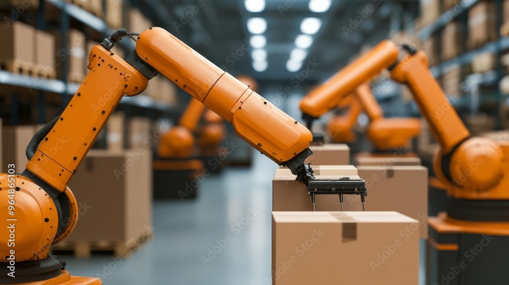 Smart logistics center with multiple robotic arms sorting and packing, high-efficiency warehousing Smart logistics center with multiple robotic arms sorting and packing, high-efficiency warehousing