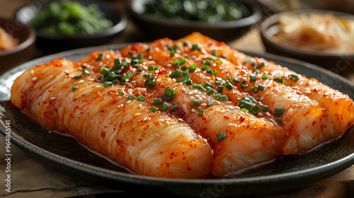 An artistic arrangement of Kimchi on a traditional Korean ceramic plate. photo