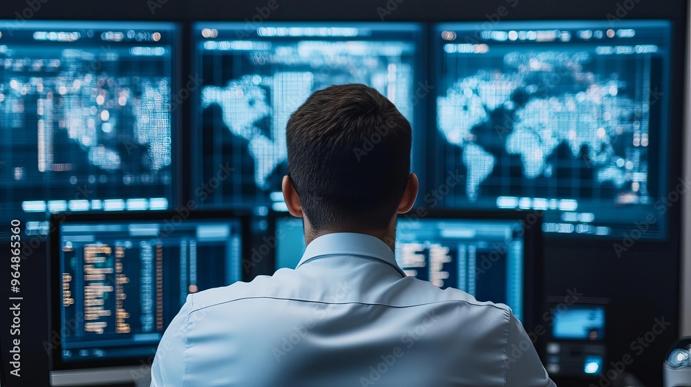 Supply chain manager examining logistics data in an urban command center, city logistics optimization Supply chain manager examining logistics data in an urban command center, city logistics optimization