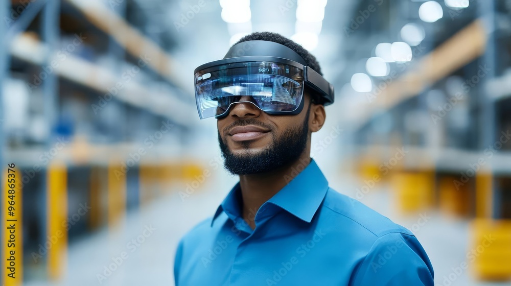 Supply chain manager using augmented reality glasses to track real-time inventory, futuristic logistics tools Supply chain manager using augmented reality glasses to track real-time inventory, futuristic logistics tools