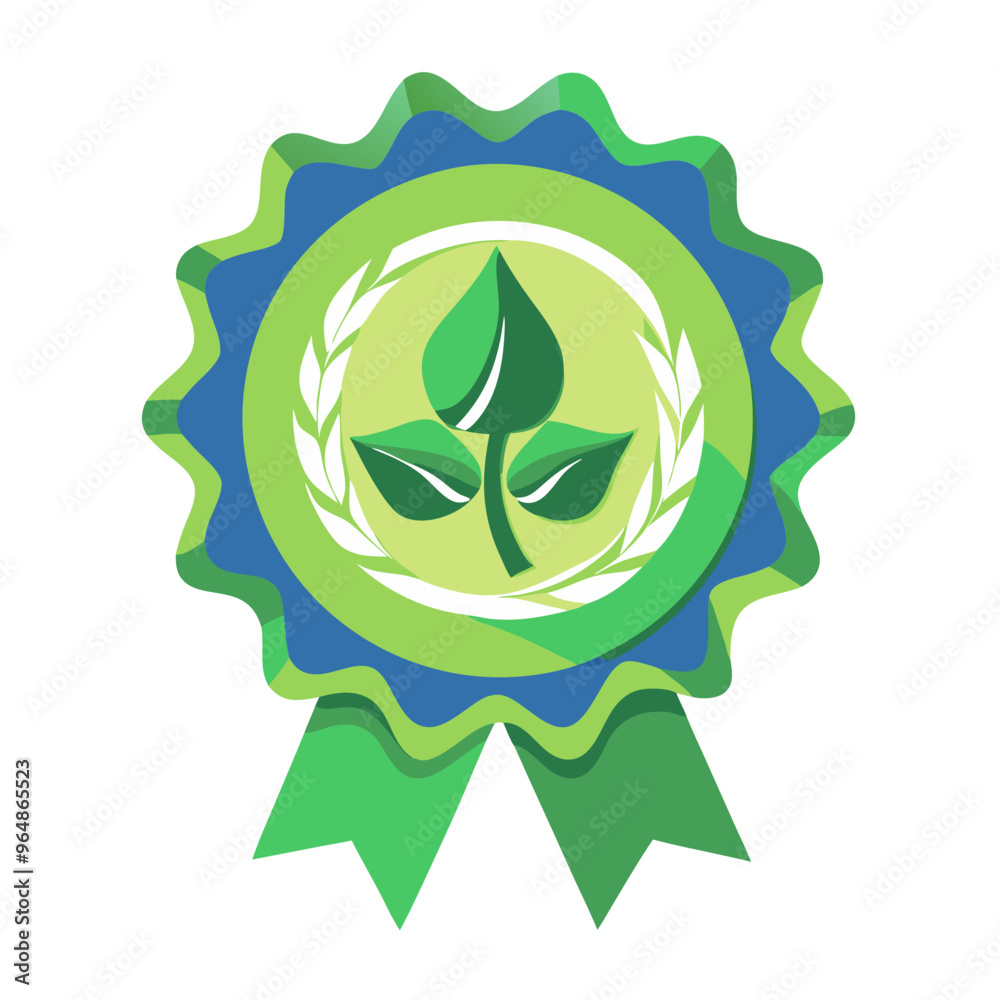 Eco-Friendly Badge with Green Leaf and Ribbon, Sustainability Certification Eco-Friendly Badge with Green Leaf and Ribbon, Sustainability Certification
