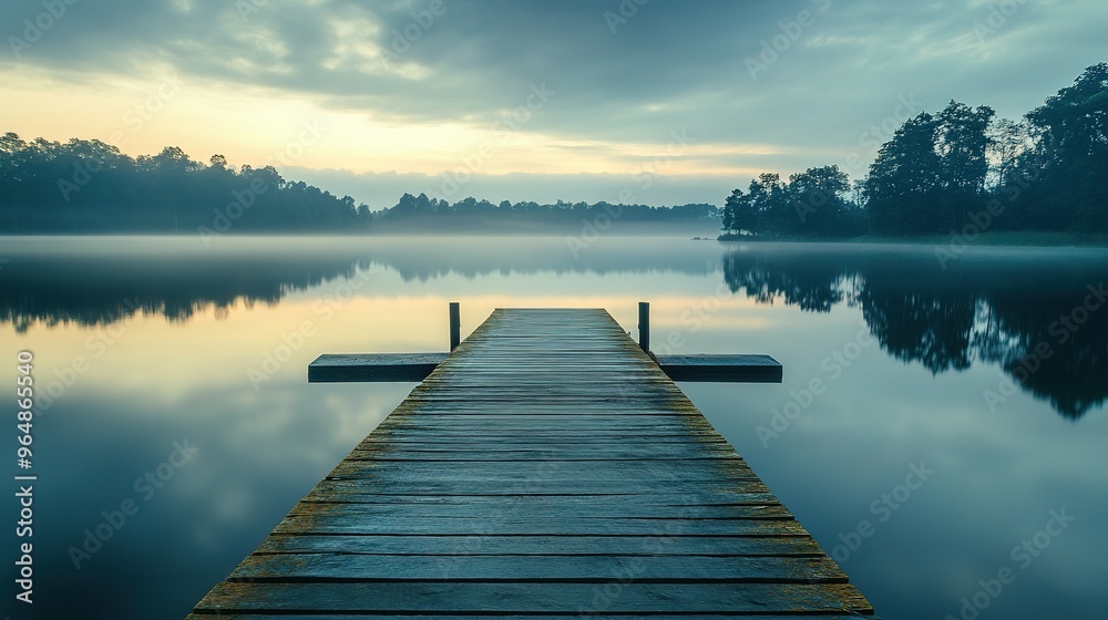 Wooden Dock Extending into Foggy Lake at Dawn Wooden Dock Extending into Foggy Lake at Dawn