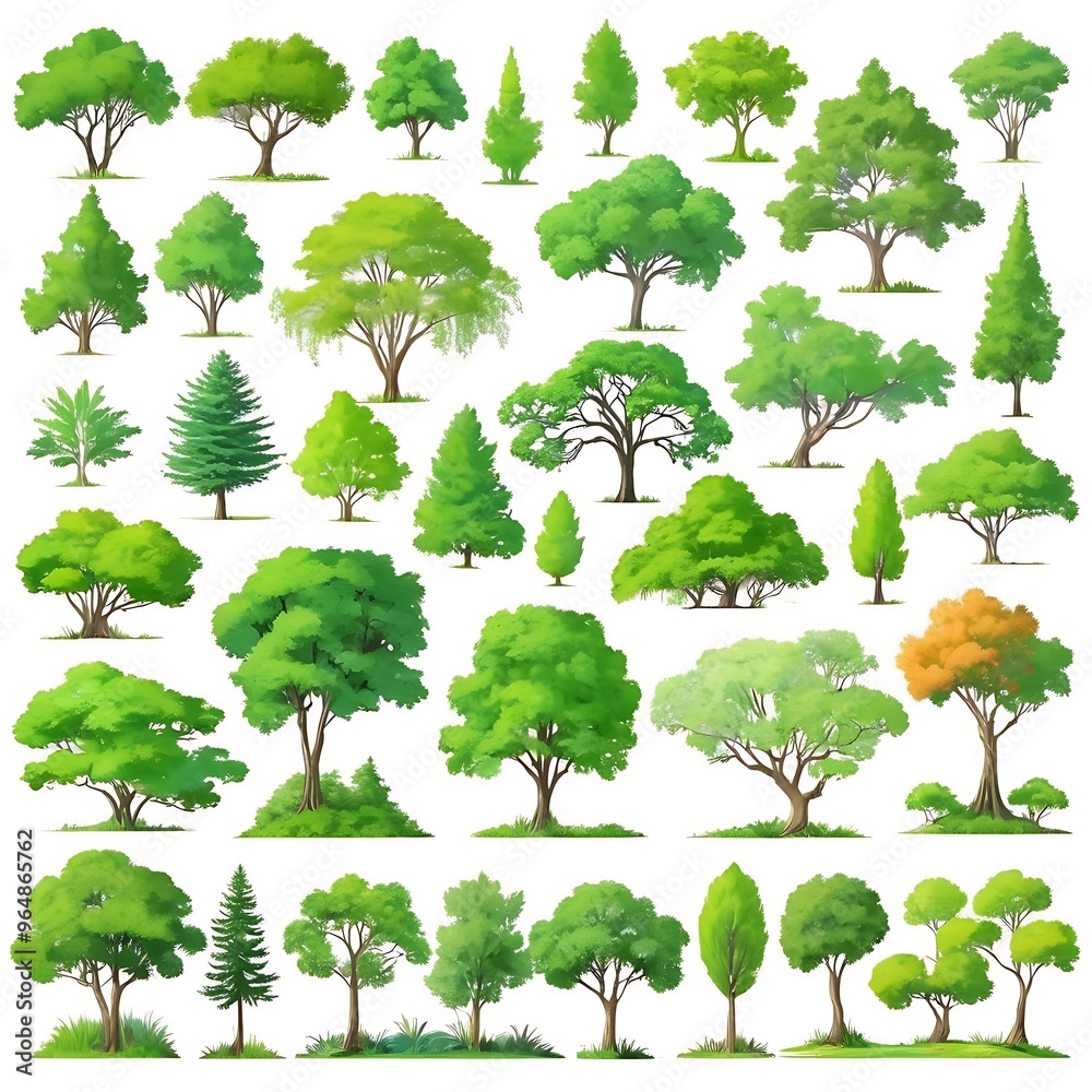 Fototapeta premium Abstract pattern trees collection. Set Forest tree pack in white background, a collection of hand drawn watercolor trees for artistic projects.