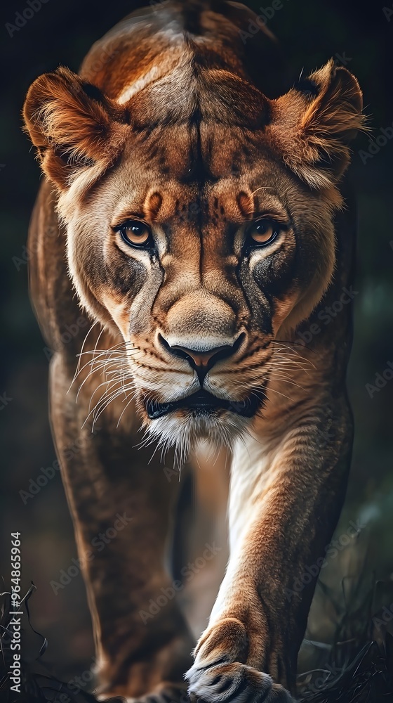 Naklejka premium Close-up Portrait of a Lioness Walking Towards the Viewer