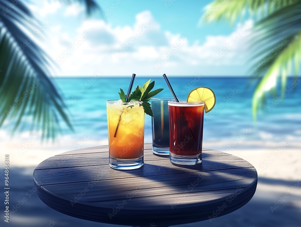 Refreshing tropical cocktails on a table with beach view Refreshing tropical cocktails on a table with beach view