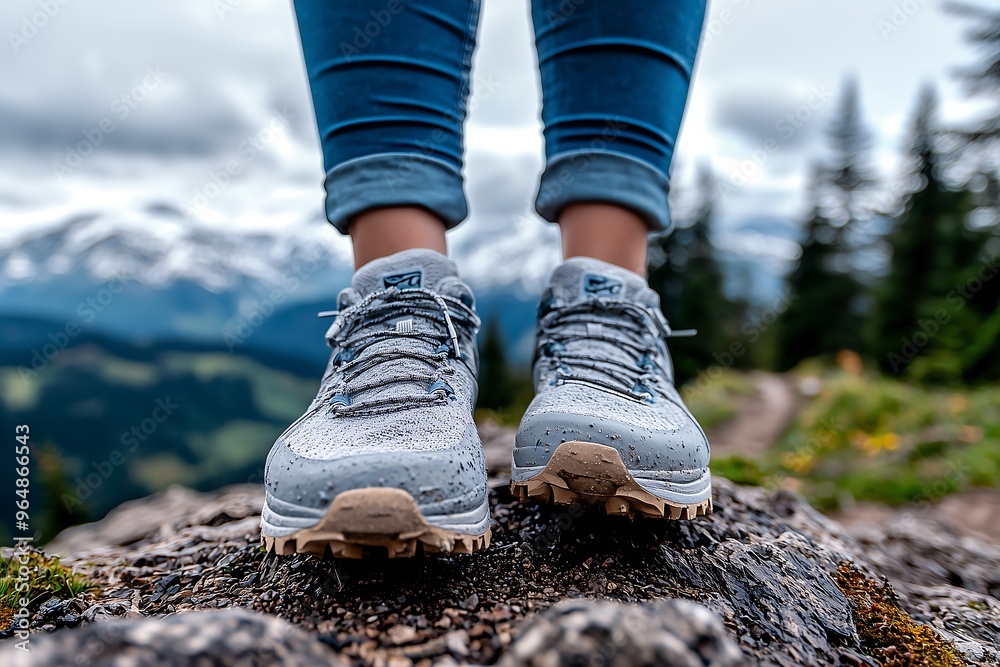Close-up of hiking shoes standing on rocky mountain trail