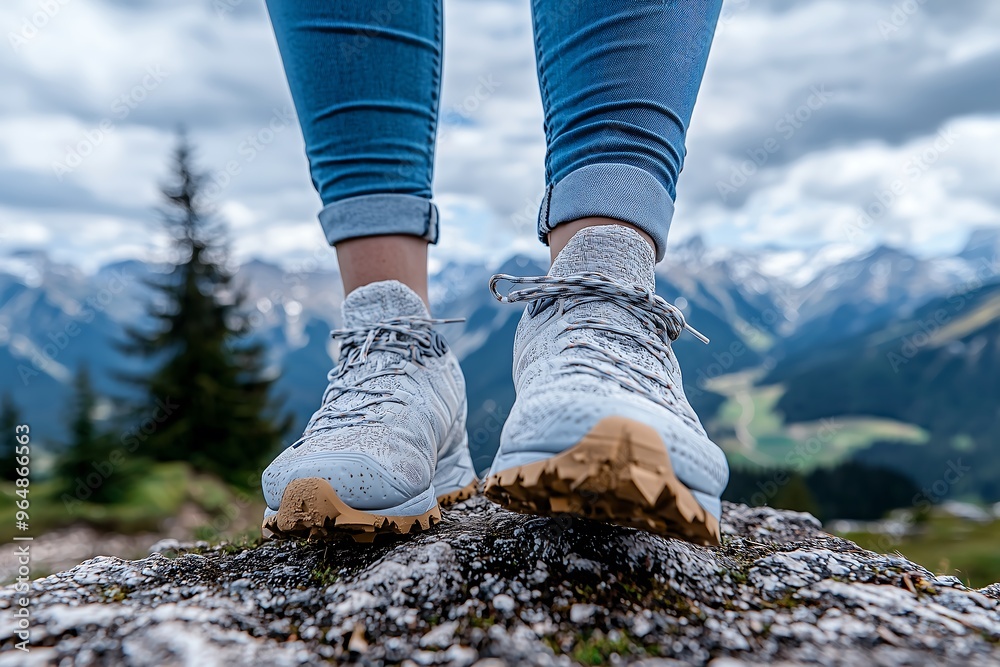 Close-up of hiking shoes standing on rocky mountain trail Close-up of hiking shoes standing on rocky mountain trail