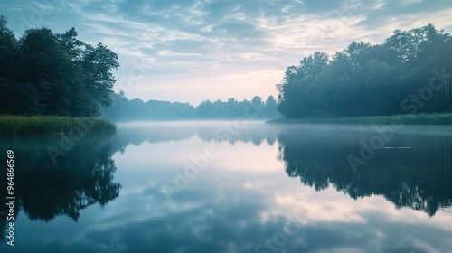 Misty Morning Reflection on a Still Lake