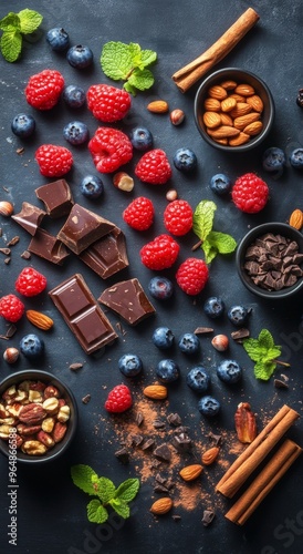 A colorful array of fresh berries, nuts, and chocolate arranged artistically ...
