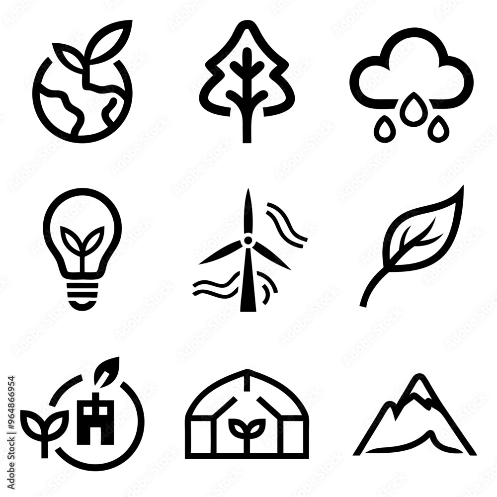 Collection of eco-friendly symbols representing nature, sustainability, and environmental awareness, black and white design