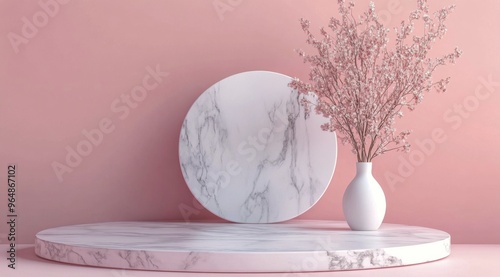 Simple decorative vase with dried flowers on a marble table against a pink wa...