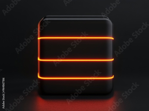 Modern black cube with glowing orange lines against a dark background at nigh...
