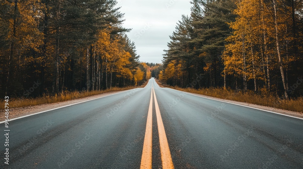 Fototapeta premium Empty Road Through Autumnal Forest