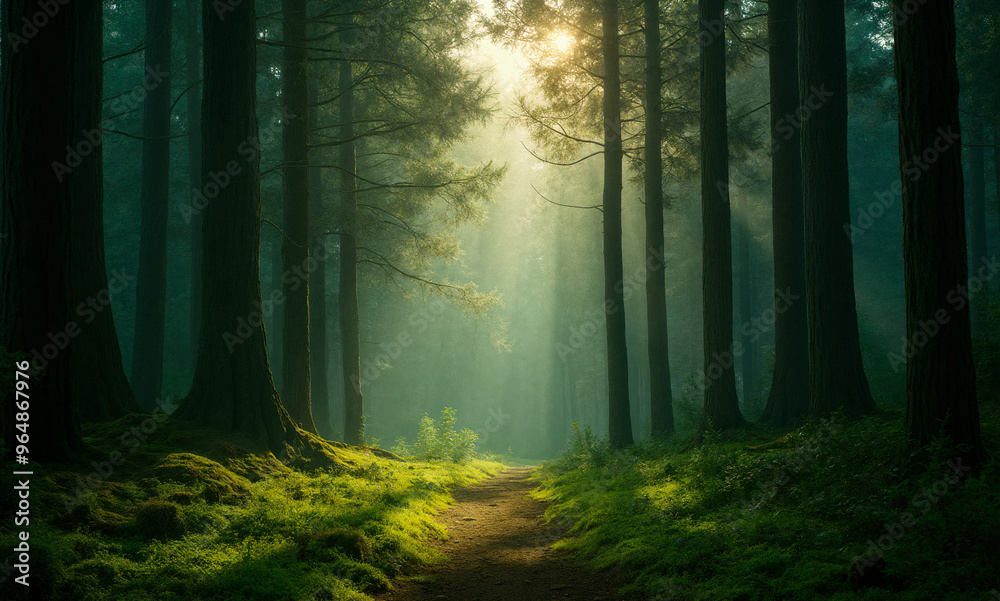 Fototapeta premium Sunlight breaks through the thick pine trees in the forest